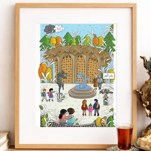 May include: A framed illustration depicting a public square with a central fountain, a domed building, and various figures. The scene includes trees, a statue, and a sign with Persian text. The artwork is rendered in a colorful, cartoon-like style.