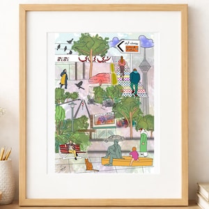 May include: A framed art print featuring a colorful illustration of a city scene. The artwork depicts buildings, trees, people, and a tower. The print includes text in a foreign language and is set in a wooden frame.