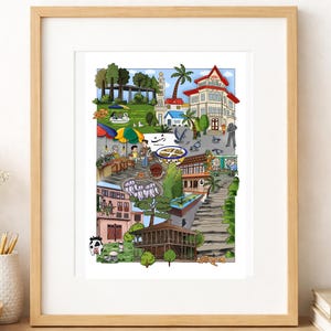 May include: A framed art print featuring a colorful, detailed illustration of a city scene with various buildings, trees, a park with a pond, a market area, and a cow. The artwork includes the text Rasht in both Persian script and English.
