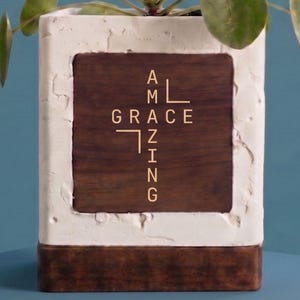 May include: A rectangular planter with a white textured frame and a dark wood-toned center. The words "AMAZING GRACE" are vertically displayed in gold lettering. The planter holds a green plant with round leaves.