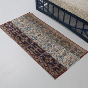 Vintage Turks patchwork vloerkleed: beige paars wollen katoenen deurmat (1'11 x 3'12)