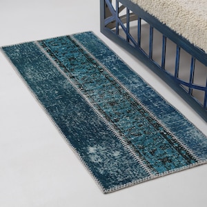 Tapete corredor vintage patchwork azul feito à mão em lã turca, pequeno, para corredor, medindo 1’8” x 4’1”