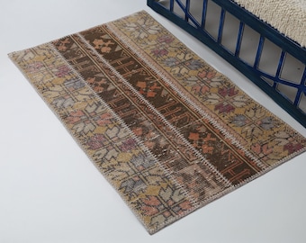2x4 Vintage Turkish Patchwork Small Rug, Handmade Brown Beige Doormat Rug, Boho Entryway Rug Low Pile Accent