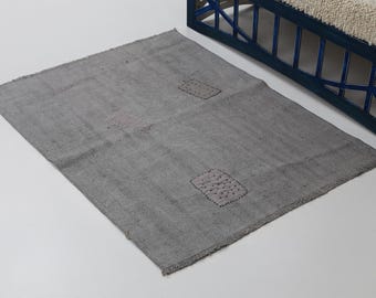 Minimalist Hemp Rug 2.11x3.9 Vintage Turkish Hemp Rug Handmade Gray Neutral Area Rug Rustic Floor Decor