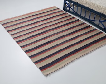 Vintage Striped Kilim Rug 4.5x5.6 Turkish Flatweave Rug Handmade Multicolor Boho Area Rug Rustic Anatolian Decor