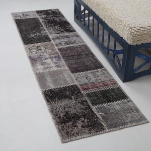 1’9” x 6’7” Vintage Patchwork Runner Rug Gray Black Brown Handmade Wool Hallway Rug