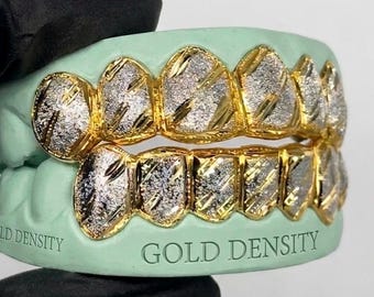 Parrillas dentales personalizadas con polvo de diamante / Plata de ley 925, oro de 10K y 14K / Parrillas dentales con polvo de diamante blanco y corte de diamante amarillo