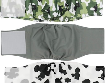 3 Pack Washable Male Dog Belly Bands, Cotton Pet Wraps, Diapers (Cow, Camo, Grey)