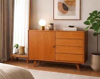 Credenza in rovere di metà secolo di Jiri Jiroutek / Cassettiera vintage ceca / Mobile anni '60 con anta e cassetti