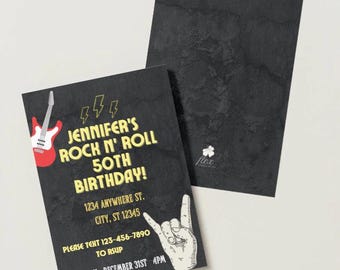 ロックンロール50歳の誕生日招待状テンプレート、レトロミュージックパーティー招待状（Canva編集可能）