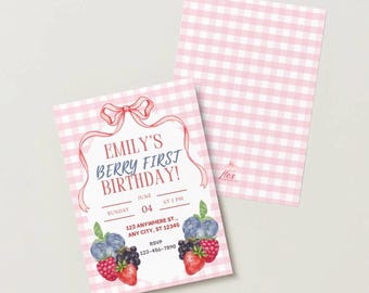 ベリーの1歳の誕生日招待状テンプレート、イチゴの1歳の誕生日招待状、女の子の誕生日編集可能キャンバス