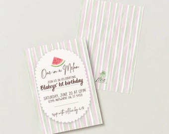One in a Melon 1歳の誕生日招待状テンプレート、スイカの誕生日招待状、ピンクの夏の誕生日パーティー編集可能