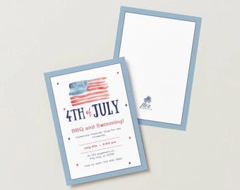 7月4日バーベキュープールパーティー招待状テンプレート、愛国的な夏のパーティー招待状、編集可能なCanvaダウンロード