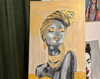 Handgeschilderd vrouwenportret, schilderij met gemengde technieken, goud-zwarte wanddecoratie