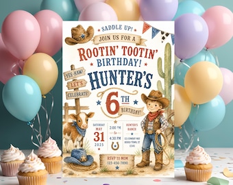 May include: A cowboy-themed birthday invitation with the text "Rootin' Tootin' Birthday! Hunter's 6th Birthday!" surrounded by balloons and cupcakes. The invitation features a cowboy illustration, a calf, and a cowboy hat. The date is May 31, 2025.