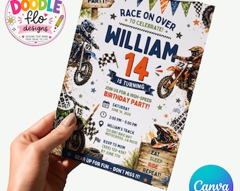 May include: A rectangular birthday party invitation featuring motocross graphics, including dirt bikes, helmets, and checkered flags. The text reads: Race on over to celebrate William 14 is turning, join us for a high-speed birthday party, Saturday June 14, 2025, 2:00 PM - 5:00 PM, William's Track, 123 Dirt Bike Way, Motocross, CA 90210, RSVP to Mom (555) 123-4567 by June 7th, Eat Sleep Ride Repeat, Gear up for fun - don't miss it!