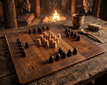 Jogo de tabuleiro viking Hnefatafl: Conjunto de estratégia artesanal em nogueira e bordo