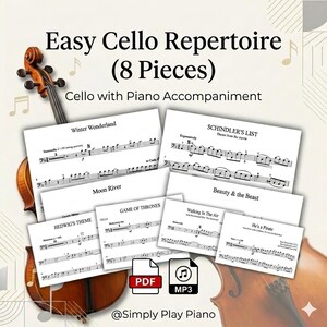 Può includere: Una raccolta di otto spartiti intitolata Easy Cello Repertoire with Piano Accompaniment, contenente musica per brani come Winter Wonderland, Schindler's List, Moon River e Game of Thrones, con icone di file PDF e MP3.
