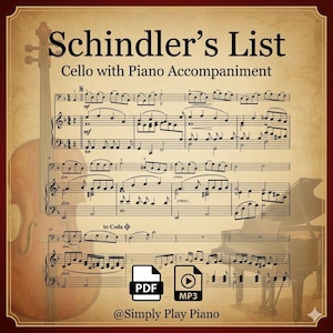 Può includere: Spartito di "Schindler's List" per violoncello con accompagnamento di pianoforte. L'immagine presenta notazione musicale, un violoncello e una silhouette di pianoforte. Include opzioni di download PDF e MP3. Il testo recita "Schindler's List Cello with Piano Accompaniment".