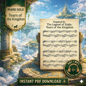 May include: Sheet music for piano solo, inspired by The Legend of Zelda: Tears of the Kingdom. The sheet music is on a parchment-like background with musical notes. The image includes the text "Instant PDF Download".