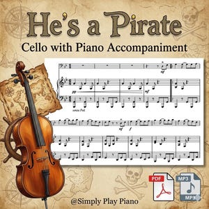 Può includere: Un violoncello con spartito di "He's a Pirate" con accompagnamento di pianoforte. L'immagine presenta un violoncello, una mappa, un timone e un teschio con ossa incrociate. Lo spartito è in bianco e nero, con il testo "He's a Pirate" in alto.
