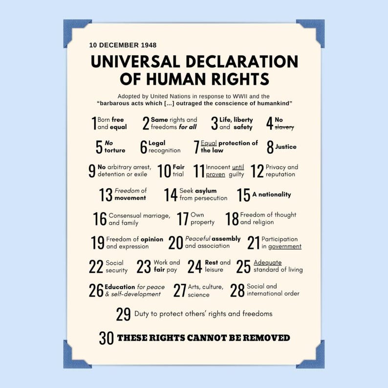 Human Rights Number 1948 Universal Declaration Human Rights Poster - With or Without Frame ...