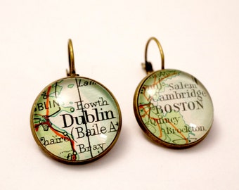 Map earrings custom vintage maps. Select two locations. Anywhere in the world.  Wedding. bride. bridesmaid. personalized