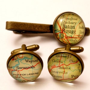 Map cufflinks and tie clip set custom vintage maps. Select two locations.  Wedding. Groom. best man. groomsmen. personalized