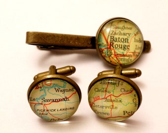 Map cufflinks and tie clip set custom vintage maps. Select two locations.  Wedding. Groom. best man. groomsmen. personalized