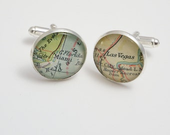 Map cufflinks custom vintage maps. Select two locations. Anywhere in the world.  Wedding cufflinks. Groom. best man. groomsmen. personalised