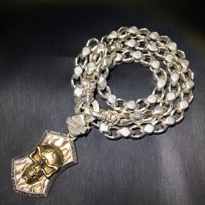 May include: Silver-toned necklace with a skull pendant. The pendant features a gold-colored skull within a silver frame, with the text "COVER IN FLAME" and "HARLEY DAVIDSON". The chain is a thick, linked design.