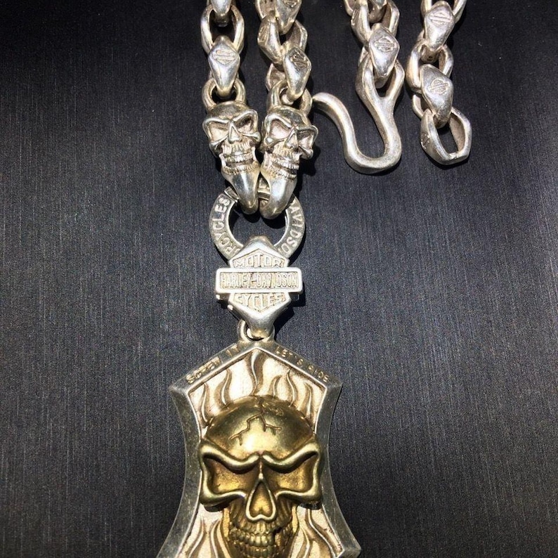 May include: Silver-toned necklace featuring a skull pendant with a gold-colored skull design. The pendant is framed by a shield shape with flame details. The necklace includes a chain with skull accents and a Harley-Davidson logo.