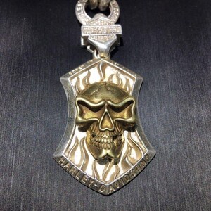 May include: A silver-toned metal pendant featuring a brass-colored skull centered on a shield-shaped base with flame motifs. The text Harley-Davidson is embossed at the bottom and on the top bail, which connects to a circular ring.