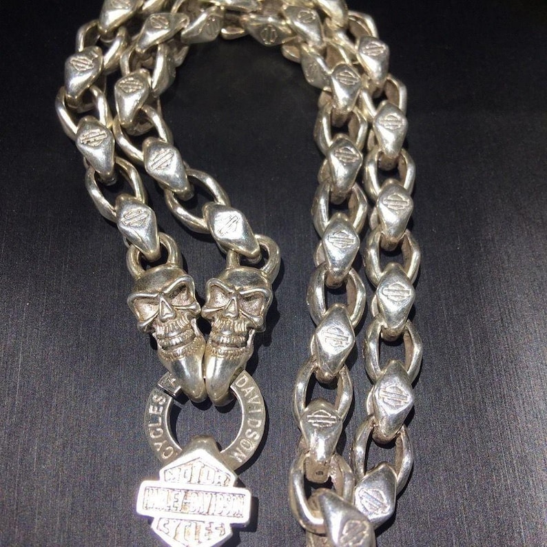 May include: Silver motorcycle chain with skull pendants and a Harley-Davidson logo. The chain is made of interlocking links and features two skull pendants. The Harley-Davidson logo is visible on a shield-shaped pendant.