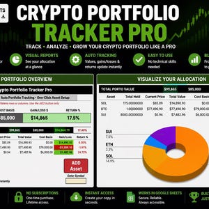 May include: A digital dashboard titled "Crypto Portfolio Tracker Pro" with a green and black color scheme. The dashboard displays portfolio overview, allocation visualization, and real-time data for cryptocurrencies. Includes a pie chart and Google Sheets logo.