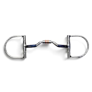 May include: A silver-colored D-ring horse bit with blue accents and a copper-colored center. The bit is 5.5 inches wide and is designed for equestrian use. The bit is made of metal and has a polished finish.