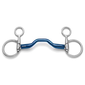 May include: A blue metal horse bit with silver-colored rings on each side. The central blue bar features a curved port and is printed with the text ZENUMA on the left and 5.25" on the right, indicating the size in inches for this equestrian equipment.