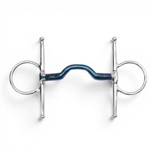 May include: A full cheek horse bit featuring a metallic blue curved mouthpiece and polished silver-colored stainless steel side rings and bars. The mouthpiece is clearly marked with the text '5"' indicating its size in inches.
