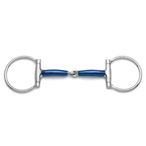 May include: A stainless steel horse bit featuring two large circular rings and a central jointed mouthpiece with a blue metallic finish. The mouthpiece is engraved with the text ZENUMA and 5.25 inches, indicating the size of the equipment.