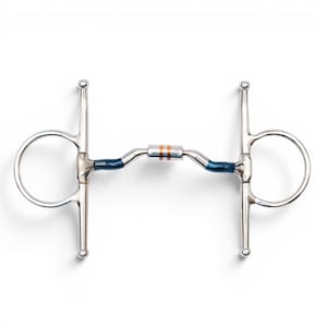 May include: A silver-colored horse bit featuring a full cheek design with circular rings. The mouthpiece includes blue-coated sections and a central copper-colored barrel with two distinct bands. The text "ZENUMA" and "5"" are visible.