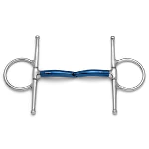May include: A full cheek horse bit featuring a blue metal mouthpiece with a central joint. The silver-colored stainless steel cheek pieces include rings and vertical bars. The text ZENUMA and 5" are printed on the blue metal surface.