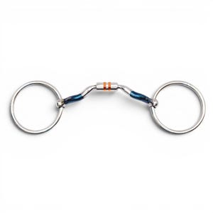 May include: A horse bit featuring two large silver-colored circular rings connected by a central mouthpiece. The mouthpiece has a metallic blue finish on the sides and a central silver-colored barrel section accented with two thin orange bands.