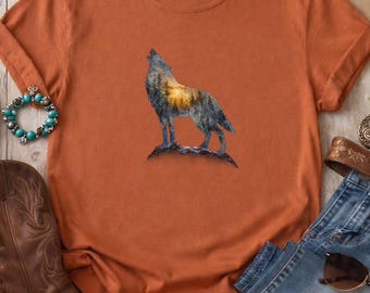Wolf-Silhouette-Sonnenuntergang-T-Stück | Unisex Wald Landschaft Grafik-T-Shirt | Bella Canvas Baumwolle