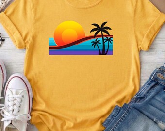 Vintage Sonnenuntergang Palme Tee | Retro tropische Strand Vibes | Baumwolle Wohlfühlfarben