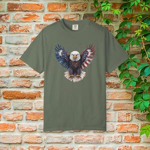 American Flag Bald Eagle T-shirt | Patriotic Vintage Eagle Tee | Soft Cotton Comfort Colors Moss