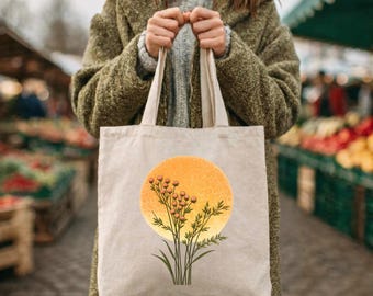 Wildblumen Sonnenuntergang Tragetasche | Boho Blumen Illustration Canvas Tote