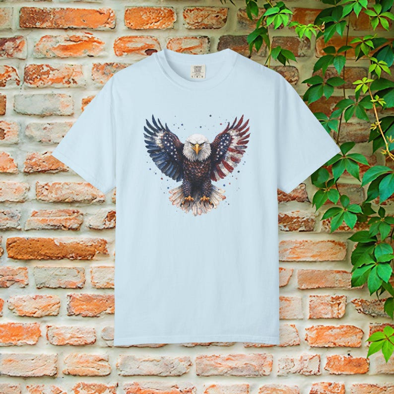 American Flag Bald Eagle T-shirt | Patriotic Vintage Eagle Tee | Soft Cotton Comfort Colors Chambray