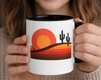 Wüsten-Sonnenuntergang-Kaktus-Becher | Akzent Kaffeebecher (11oz, 15oz)