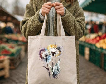Aquarell Wildblumen Blumenstrauß Einkaufstasche | Florale Markttasche aus Canvas