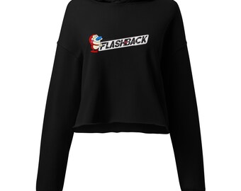 Czarna bluza z kapturem Crop z surowym brzegiem i grafiką Flashback